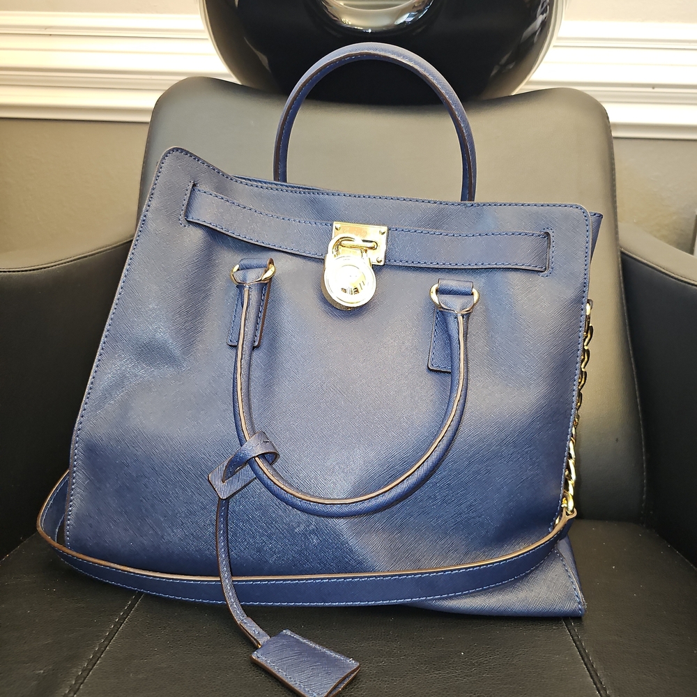 Michael Kors Navy Satchel with Gold Accents